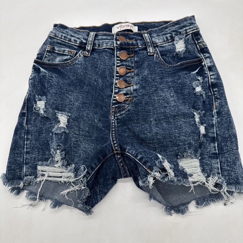 Vibrant MIU Made In USA Jean Shorts Women Sz SMALL‎ Fringe Stretchy 24"